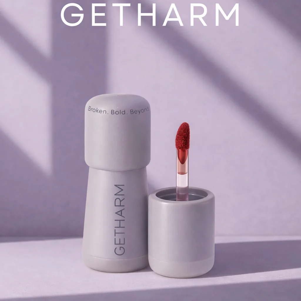 GETHARM MatteLip بعبوة لافندر بجانب غطائها المفتوح وأداة التطبيق، على خلفية لافندر ناعمة